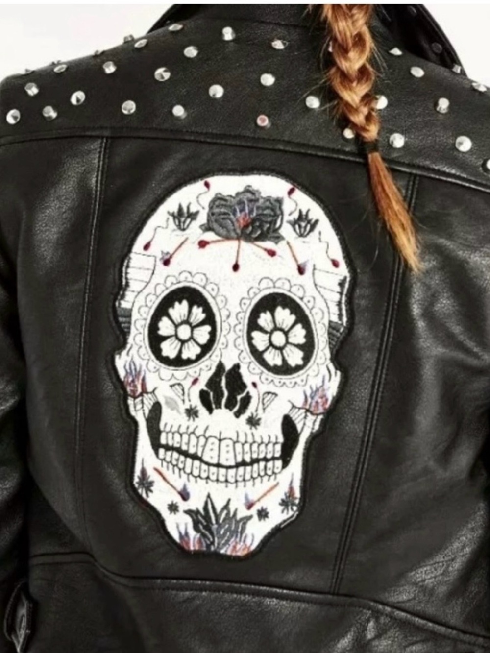ZARA Studded Faux leather biker black jacket with skull decal women’s Medium - Picture 2 of 16